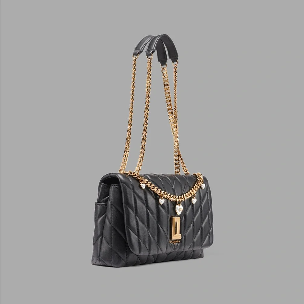 KARL LAGERFELD PARIS Lafayette Quilted Shoulder Bag Black Heart Charm Chain Gold